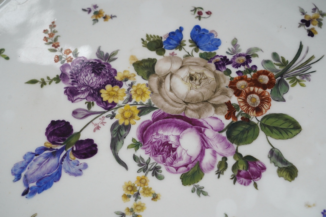 A large 19th century Dresden porcelain two handled tray, painted with a floral bouquet, 52cm. Condition - good